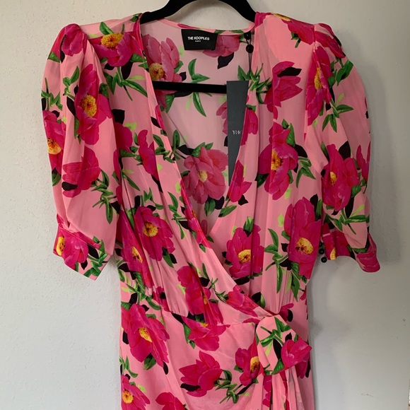 The Kooples Mini Faux Wrap Silk “Peony in Love” Floral Pink Party Dress, NWT! - Picture 7 of 17